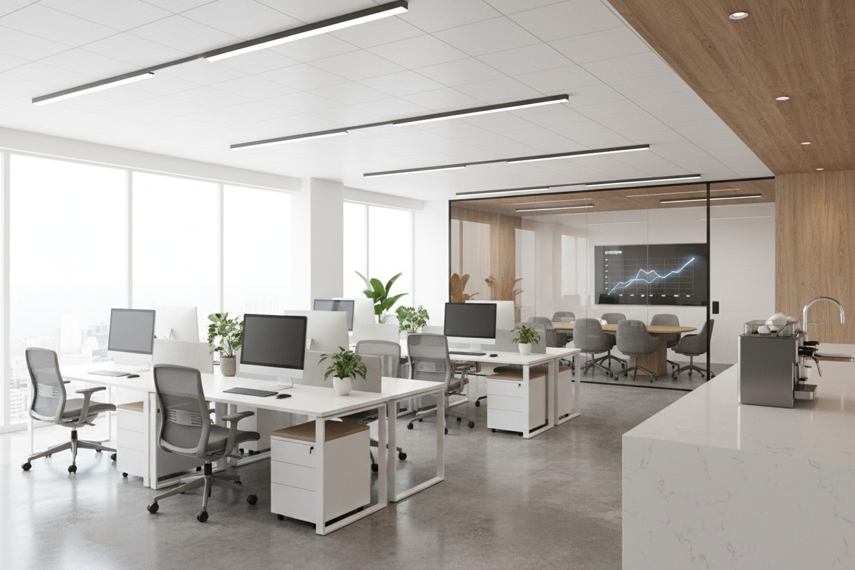 A modern, brightly lit office interior features rows of white desks with desktop computers, ergonomic chairs, and a glass-walled conference room in the background.